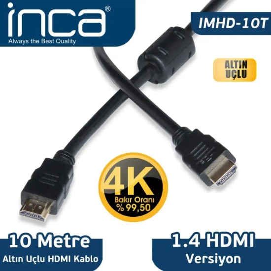 INCA IMHD-10T 10 Metre HDMI v1.4 Kablo - Altın Uçlu, 3D, 10 Metre, 2160p Desteği, Yüksek Hızlı Veri Aktarımı
