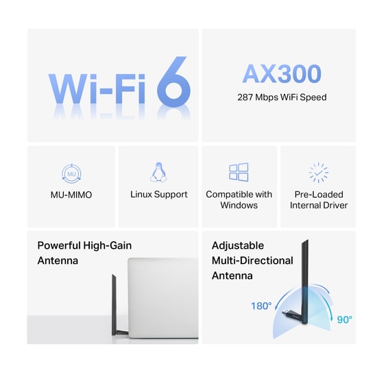 TP-LINK MERCUSYS MA14H AX300 WiFi 6 USB Adaptör - Yüksek Kazançlı, 287 Mbps, 5 dBi Anten, MU-MIMO, Windows Uyumlu