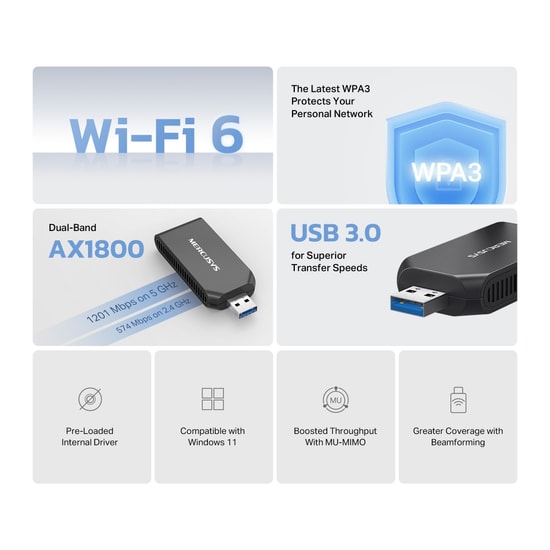 TP-LINK Mercusys MA70XM AX1800 WiFi 6 Kablosuz USB Adaptör - 1800Mbps, MU-MIMO, Çift Bant, 2.4/5 GHz, USB 3.0, WPA3