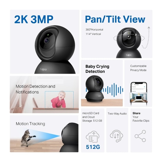 TP-Link Tapo C211 3MP 2K Pan/Tilt WiFi Güvenlik Kamerası - 360 Hareket Takibi, 9m Gece Görüşü, 3D DNR WDR, İki Yönlü Ses