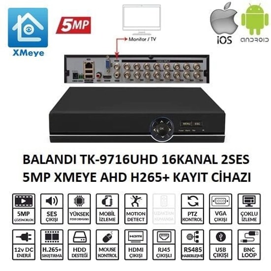 Balandi TK-9716UHD 16 Kanal NVR 5MP-N Kayıt Cihazı - 2 Ses Girişi, H.265+, XMeye Mobil İzleme, 1x8TB Disk Destekli