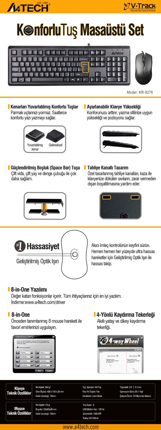 A4 Tech KR-9276 Siyah USB Kablolu Q Klavye Mouse Set - Türkçe FN Multimedya, 1000 DPI Optik Mouse, Suya Dayanıklı