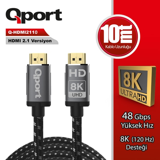 Qport HDMI2110 10m HDMI Uzatma Kablosu - 8K, 2.1V, Örgülü, Altın Uçlu, Parazit Önleyicili, Yüksek Bant Genişliği