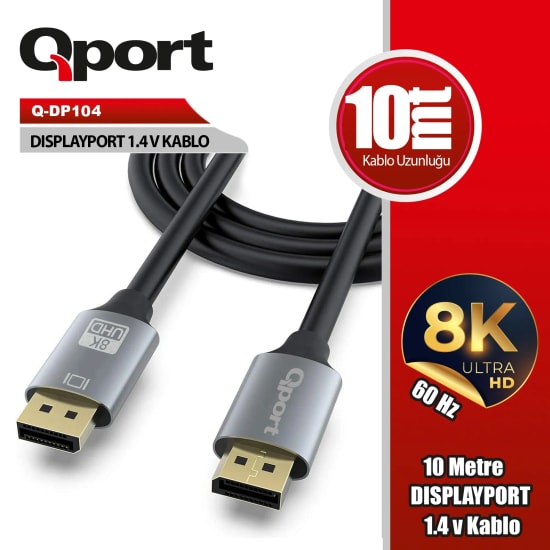 Qport Q-DP104 10 Metre 1.4V Display Port Kablo - 4K 3840x216060Hz, 32.4 Gbit/s Bant Genişliği, Yüksek İletken