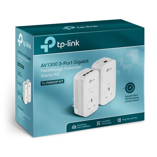 TP-Link TL-PA8033P KIT AV1300 Gigabit Powerline Adaptör - 3x Gbit Port, Passthrough Priz, 1300Mbps, MU-MIMO, 300m Menzil