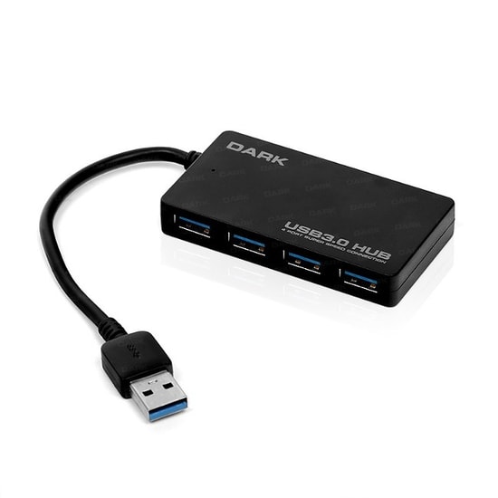 Dark DK-AC-USB341 USB 3.2 Gen 1 Type-A 4 Port USB Çoğaltıcı - Dahili Kablolu Yüksek Hızlı Hub, Harici Güç Desteği, Siyah