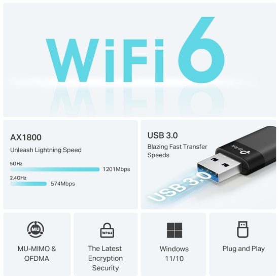 TP-Link Archer TX23U AX1800 Çift Bant WiFi 6 USB Adaptör - 1800Mbps, MU-MIMO, OFDMA, WPA3, USB 3.0, Tak Çalıştır