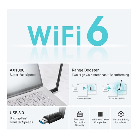TP-Link Archer TX35U Plus AX1800 WiFi 6 USB Adaptör - Yüksek Kazanç, Çift Bant, USB 3.0, OFDMA, MU-MIMO, Dahili Anten