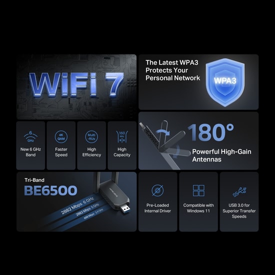 TP-LINK MERCUSYS MA37BEH BE6500 WiFi 7 USB Ağ Adaptörü - Yüksek Kazançlı, USB 3.0, WPA3, MU-MIMO, 2x Anten, OFDMA
