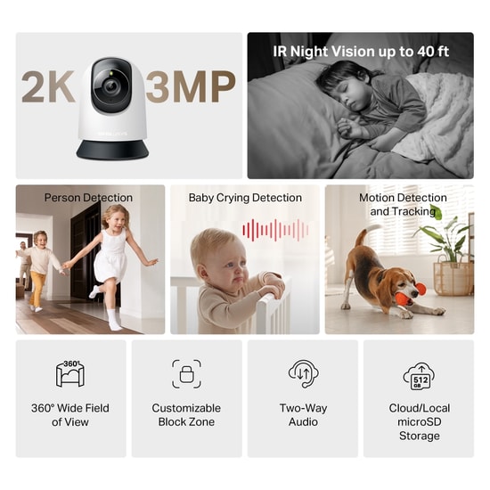 TP-Link Mercusys MC210 2K 3MP Hareketli Güvenlik Kamerası - 360 Pan/Tilt, 12m Gece Görüşlü, AI Algılama, İki Yönlü Ses