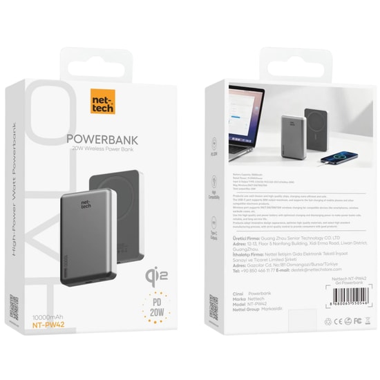 Nettech NT-PW42 Gri 10000mAh Magsafe Powerbank (NT-PW42 GRI) - 20W PD Hızlı Şarj, Type-C, Led Göstergeli, Taşınabilir