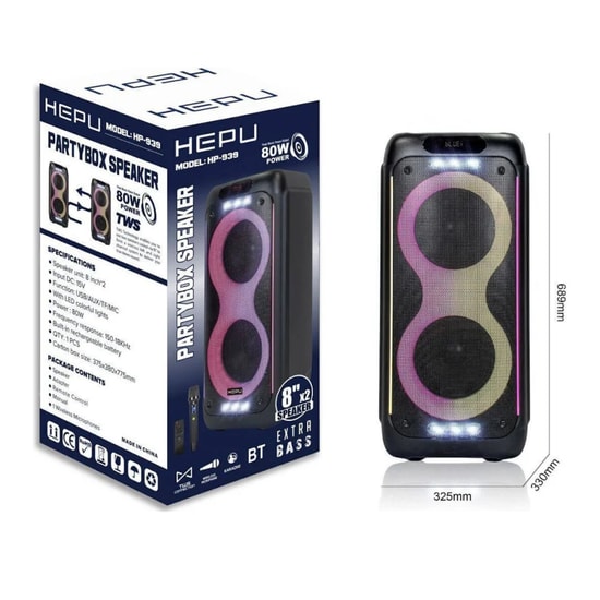 Hepu HP-939 Party Box Kablosuz Bluetooth Hoparlör (Siyah) - 80W RMS Güç, 2x8u0022 Woofer, RGB, USB ve Karaoke Desteği