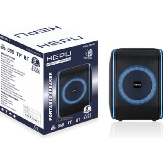 Hepu HP-988 Party Box Siyah Kablosuz Bluetooth Hoparlör - 30W RMS, 8" Woofer, TWS, RGB Işık, USB ve Mikrofon Desteği