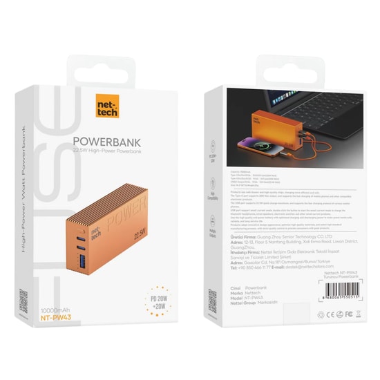 Nettech NT-PW43 Turuncu 22.5W Hızlı Şarj 10000mAh Powerbank (NT-115648) - 4 Çıkışlı, PD Hızlı Şarj, Uçuşa Güvenli