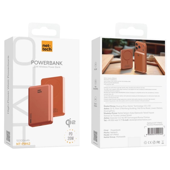Nettech NT-PW42 Turuncu 10000mAh Magsafe Powerbank (NT-PW42 TURUNCU) - 20W PD Hızlı Şarj, Kablosuz Şarj, Type-C Giriş