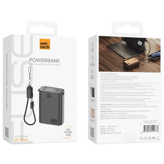Nettech NT-PW41 45W 20000 mAh Gold Taşınabilir Powerbank - 45W PD Hızlı Şarj, Type-C ve USB Çıkışlı, Uçuşa Güvenli
