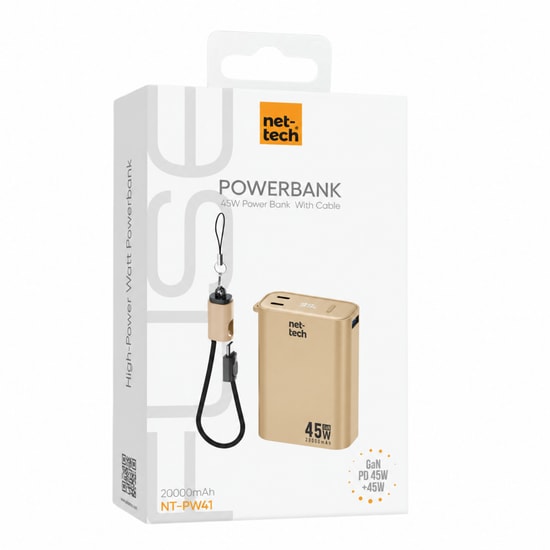 Nettech NT-PW41 45W 20000 mAh Gold Taşınabilir Powerbank - 45W PD Hızlı Şarj, Type-C ve USB Çıkışlı, Uçuşa Güvenli