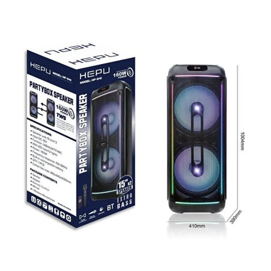 Hepu HP-941 Party Box Kablosuz Hoparlör (Siyah) - 160W Güçlü Ses, Bluetooth, USB, Aux ve Micro SD Kart Desteği
