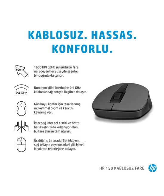 HP 150 Siyah Kablosuz Optik Mouse (2S9L1AA) - 1600 DPI, 2.4 GHz Kablosuz Bağlantı, Ergonomik Tasarım, 3 Tuşlu, Taşınabil