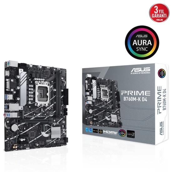 Asus PRIME B760M-K LGA1700 DDR4 Anakart - Intel B760, 5333MHz OC, Çift M.2, HDMI, VGA, 2.5G LAN, Aura Sync, Micro ATX