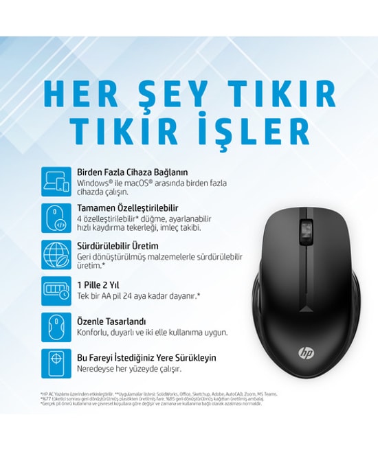 HP 430 Çoklu Cihaz Siyah Kablosuz Optik Mouse (3B4Q2AA) - 4000 DPI, Bluetooth ve 2.4 GHz, 5 Tuşlu, Sessiz Tıklama