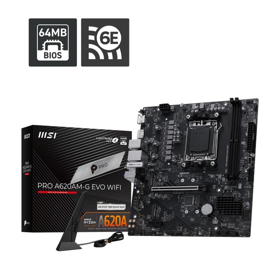 MSI PRO A620M-G EVO WIFI Anakart - AM5, DDR5 7200MHz(OC), 2x M.2, 2.5G LAN, Wi-Fi 6E, HDMI, VGA, ARGB, mATX