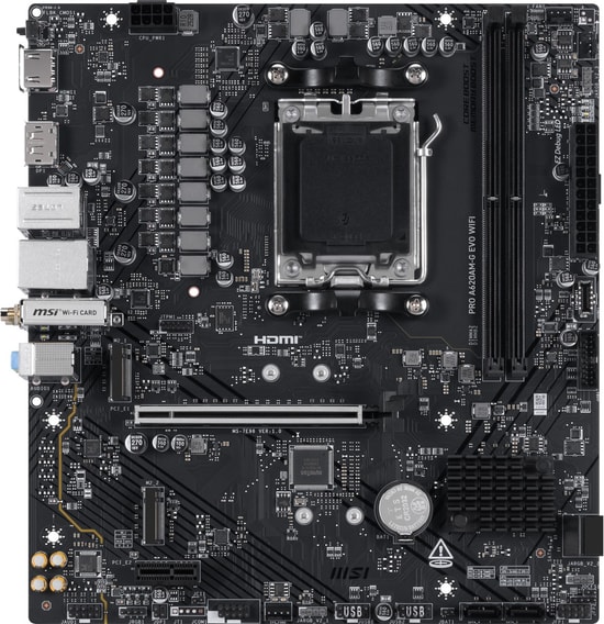MSI PRO A620M-G EVO WIFI Anakart - AM5, DDR5 7200MHz(OC), 2x M.2, 2.5G LAN, Wi-Fi 6E, HDMI, VGA, ARGB, mATX