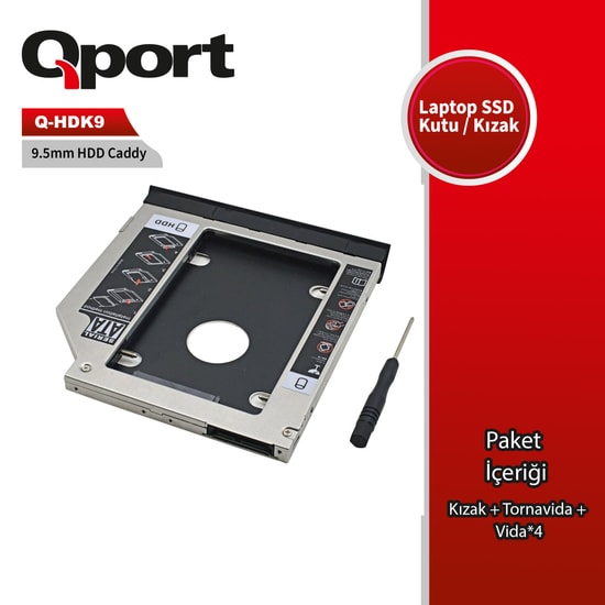 Qport Q-HDK9-9.5MM 2.5 inç HDD/SSD Notebook Sata Optik Sürücü Yuvası Kızak - 9.5mm Sata HDD/SSD Uyumlu Dönüştürücü