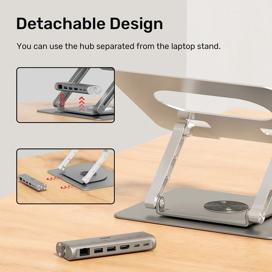 Unitek 360D 15.6" Metal Notebook Standı 5in1 D1109B01 - Ayrılabilir USB-C Hub, 100W PD, 100Mbps Ethernet, Uzay Grisi