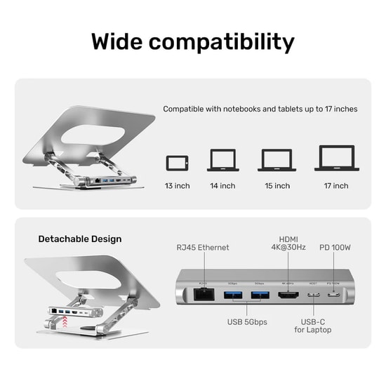 Unitek 360D 15.6" Metal Notebook Standı 5in1 D1109B01 - Ayrılabilir USB-C Hub, 100W PD, 100Mbps Ethernet, Uzay Grisi