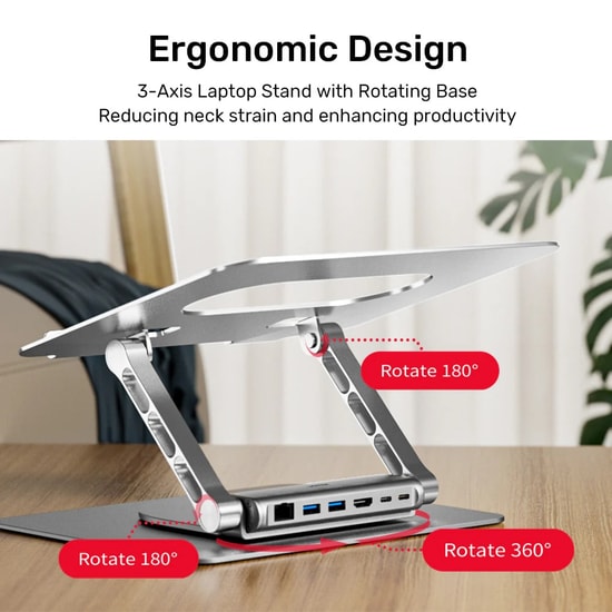 Unitek 360D 15.6" Metal Notebook Standı 5in1 D1109B01 - Ayrılabilir USB-C Hub, 100W PD, 100Mbps Ethernet, Uzay Grisi