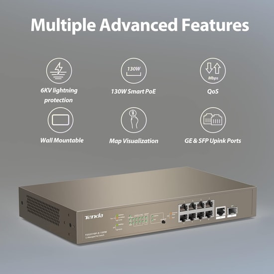 Tenda TEG5310P-8-150W 10 Port Gigabit Yönetilebilir Switch - 8 Port PoE, 2 SFP Slot, 150W Güç, Katman 3 Standartı