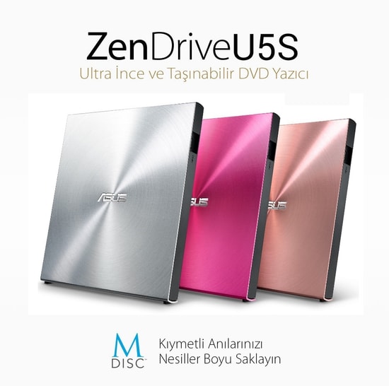 ASUS ZenDrive U5S SDRW-08U5S-U-SILVER Gümüş Harici DVD Yazıcı - 8X Yazma Hızı, M-DISC Desteği, Ultra İnce Tasarım