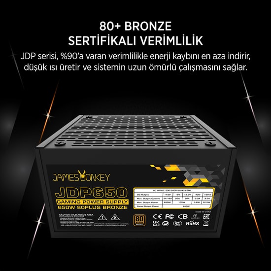 James Donkey JDP650 650W 80+ Bronze Güç Kaynağı - Aktif PFC, 120mm Fan, OVP/UVP/SCP Korumalı, Siyah Power Supply