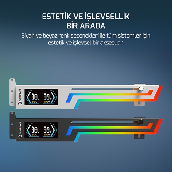 Gamepower Heatsync ARGB LCD Beyaz Ekran Kartı Tutucu (HEATSYNC-ARGB-LCD-WHITE) - Metal Gövde, Isı Göstergeli, 5V 3-Pin