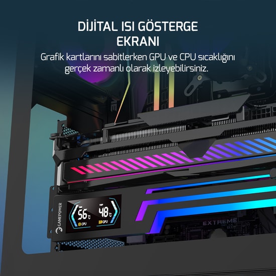 Gamepower Heatsync ARGB LCD Siyah Ekran Kartı Tutucu (HEATSYNC-ARGB-LCD-BLACK) - Metal Gövde, Isı Göstergeli, 5V 3-Pin