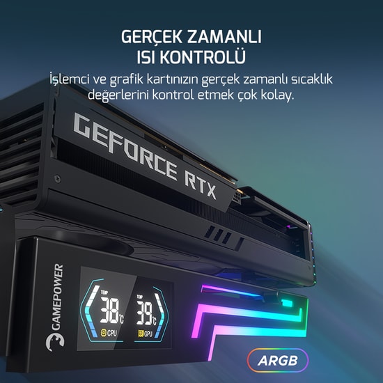 Gamepower Heatsync ARGB LCD Siyah Ekran Kartı Tutucu (HEATSYNC-ARGB-LCD-BLACK) - Metal Gövde, Isı Göstergeli, 5V 3-Pin