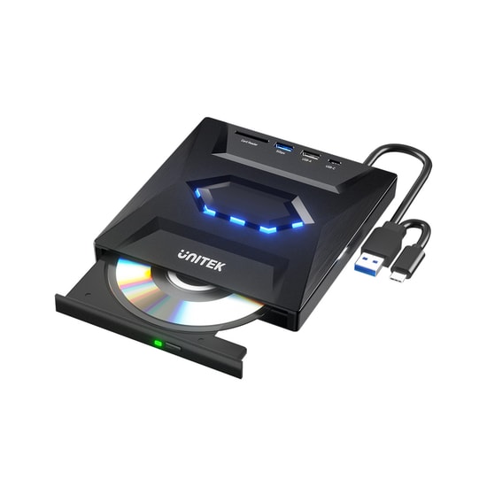 Unitek T1037A-BK Harici DVD-RW 5in1 Dock Optik Sürücü - USB-C/A, 8X Yazma, SD Kart Okuyucu, 2x USB-A, 1x USB-C Port