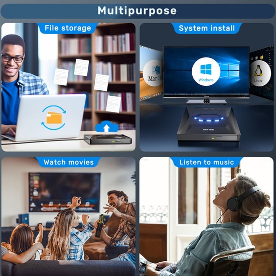 Unitek T1037A-BK Harici DVD-RW 5in1 Dock Optik Sürücü - USB-C/A, 8X Yazma, SD Kart Okuyucu, 2x USB-A, 1x USB-C Port