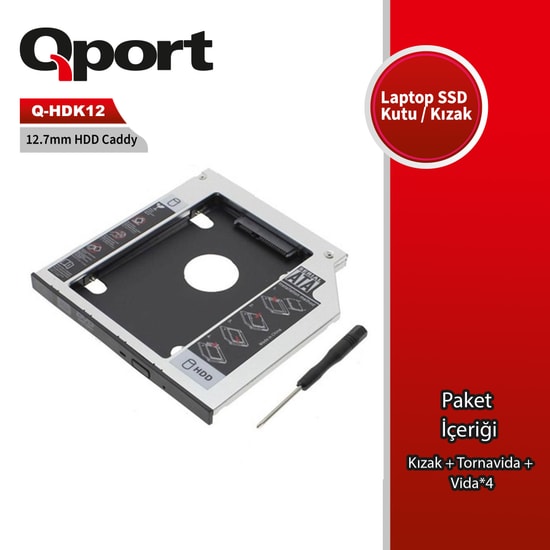Qport Q-HDK12-12.7MM 2.5 inç HDD/SSD Notebook Sata Optik Sürücü Yuvası Kızak - 12.7mm Sata HDD/SSD Uyumlu Dönüştürücü
