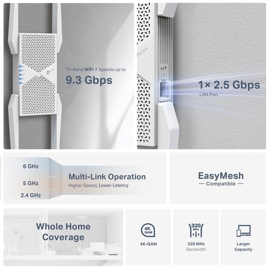 TP-Link RE655BE BE9300 Üç Bant WiFi 7 Menzil Genişletici - Tri-Band 9.3 Gbps , 2.5 Gbps Port, 4K-QAM, MLO, EasyMesh