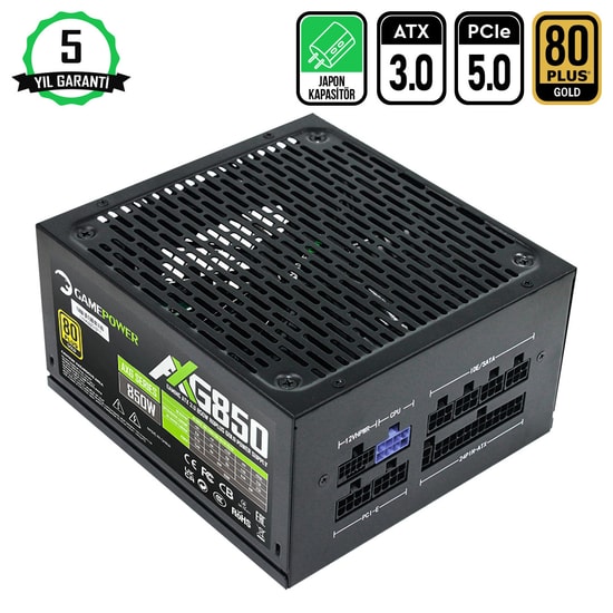 Gamepower AXG-850 850W 80+ Gold Full Modüler Güç Kaynağı - ATX 3.0, PCIe 5.0, 140mm Fan, Japon Kapasitörlü PSU