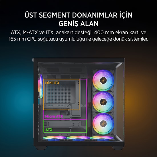 James Donkey STARK-S801-650W-BLACK Gaming Kasa - 650W 80+ Bronze, 7x ARGB Fan, Çift Temperli Cam, ATX Siyah Oyuncu Kasas