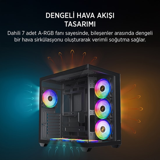 James Donkey STARK-S801-650W-BLACK Gaming Kasa - 650W 80+ Bronze, 7x ARGB Fan, Çift Temperli Cam, ATX Siyah Oyuncu Kasas