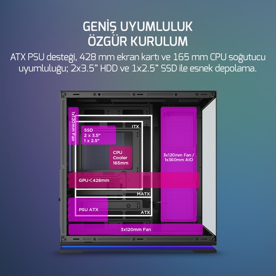 Gamepower Warcry Selsei 650W (WARCRY-SELSEI-650W-SIYAH-GP) Gaming Kasa - 4xARGB Fan, 80+ Bronze, Temperli Cam, ATX, Siya