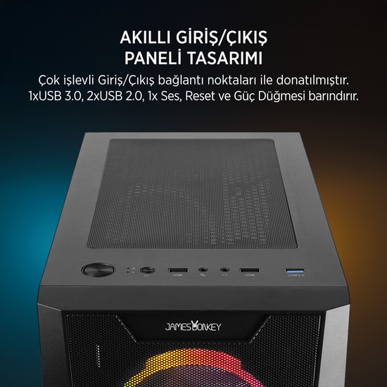 James Donkey HELIX-H800-550W Gaming Kasa - 550W 80+ Bronze, 4x Rainbow Fan, Temperli Cam, Mesh Panel, ATX Siyah Oyuncu