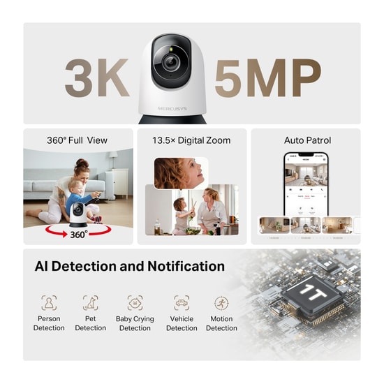 TP-Link Mercusys MC230 5MP 3K Pan/Tilt AI Güvenlik Wi-Fi Kamerası - 2880x1620, 360 Görüş, Akıllı Algılama, Gece Görüşlü