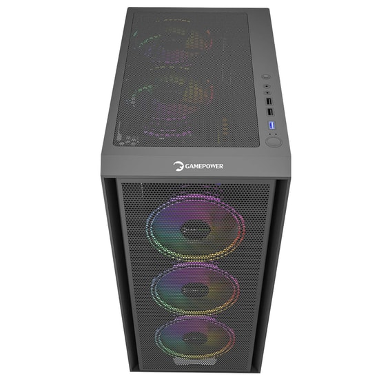 Gamepower Flex (FLEX-550W-SIYAH-GP) Gaming Kasa - 550W 80+ Bronze, 4x120mm ARGB Fan, Temperli Cam, ATX Mesh, Siyah
