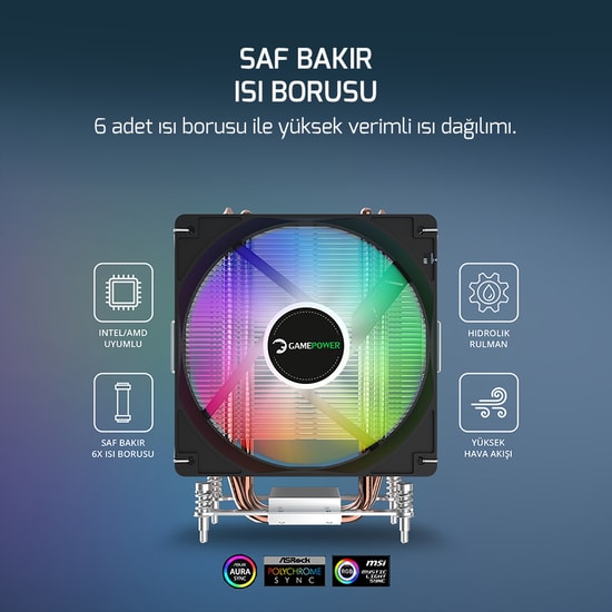 Gamepower Glace TC6 ARGB Siyah İşlemci Hava Soğutucu (GLACE-TC6-ARGB) - 120mm PWM Fan, 6 Isı Borusu, 180W TDP, AM5/LGA18