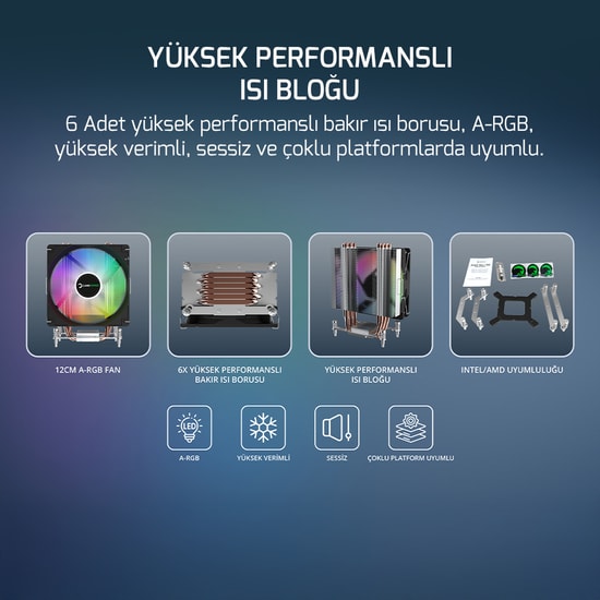 Gamepower Glace TC6 ARGB Siyah İşlemci Hava Soğutucu (GLACE-TC6-ARGB) - 120mm PWM Fan, 6 Isı Borusu, 180W TDP, AM5/LGA18